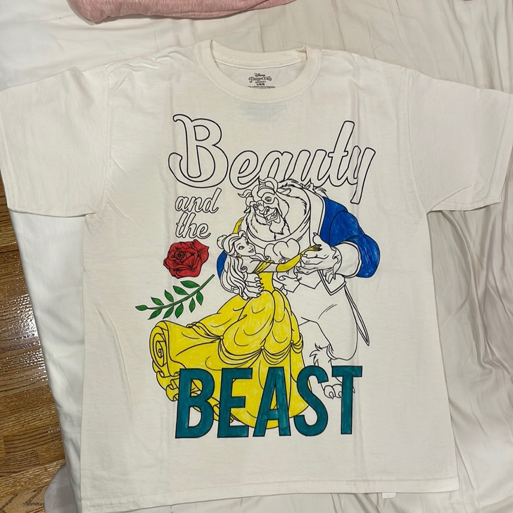 White self drawn t-shirt beauty and the beast.